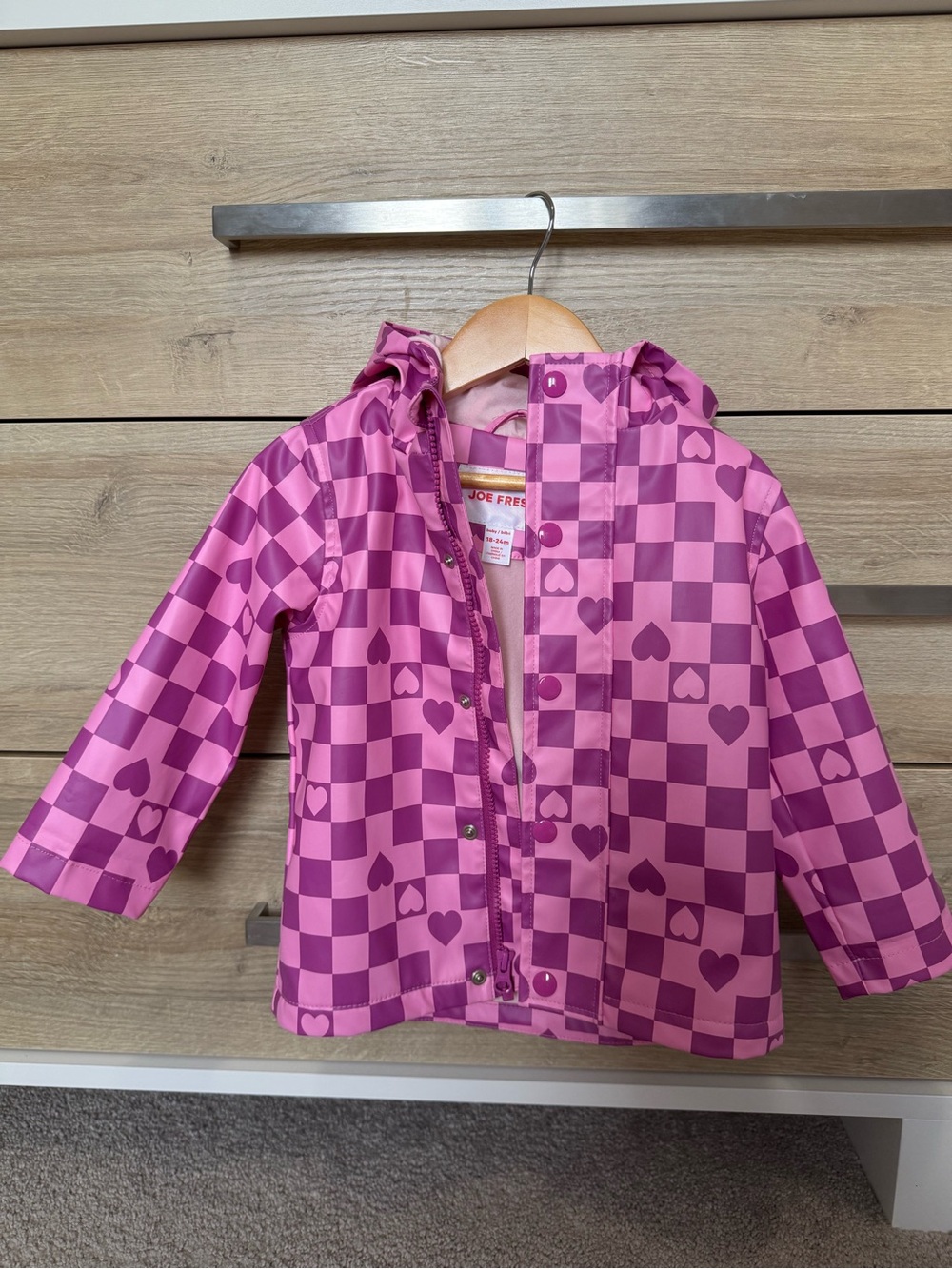 Like NEW! Joe Fresh Pink Checkered Heart Lined Hooded Raincoat - 18-24months